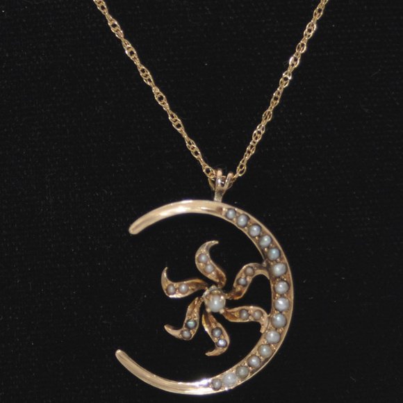 Victorian 14K YGold Cresent Moon Starburst Flower with Pearl and Seed Pearls - Picture 2 of 10